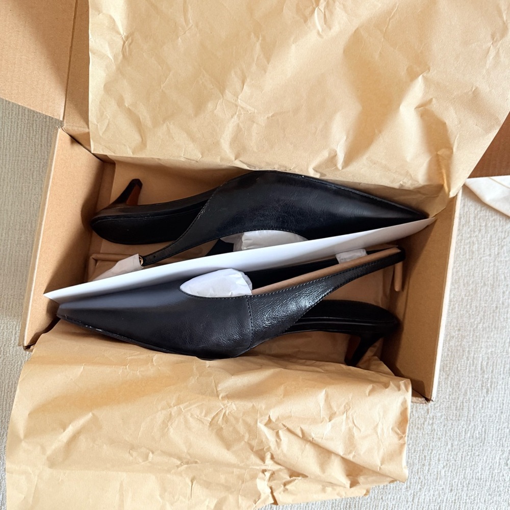 Madewell Black Pointed Slingback Pumps with Gold Buckle - Picture 2 of 4